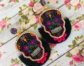Sugar Skull earrings, day of the death earrings, halloween earrings, candy skull jewelry, statement earrings, black tassel earrings