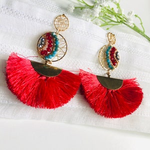 Wire wrapped crystal earrings, red tassel earrings,  statement earrings, gold earrings dangle, wire wrapped jewelry, edgy earrings