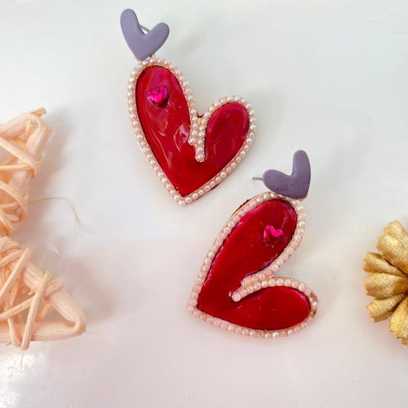 valentine\u2019s day earrings Polymer Clay Heart statement earrings heart shaped earring red heart earrings dangle heart earring