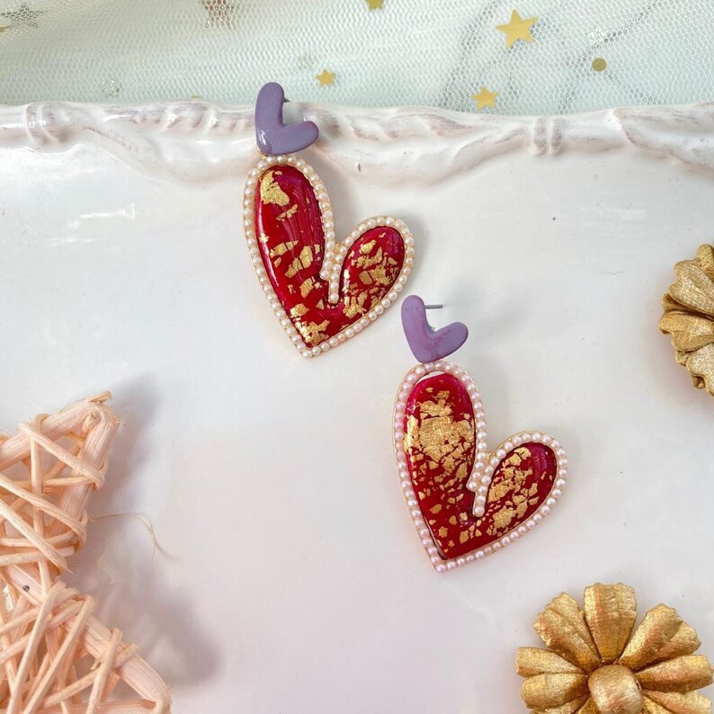 valentine\u2019s day earrings Polymer Clay Heart statement earrings heart shaped earring red heart earrings dangle heart earring