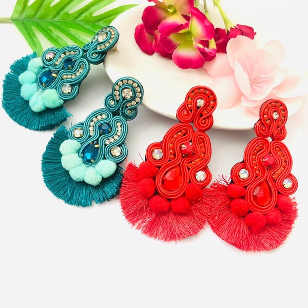 Soutache tassel earring, soutache earrings, soutache jewelry, Statement earrings, red soutache earring, colorful soutache earring