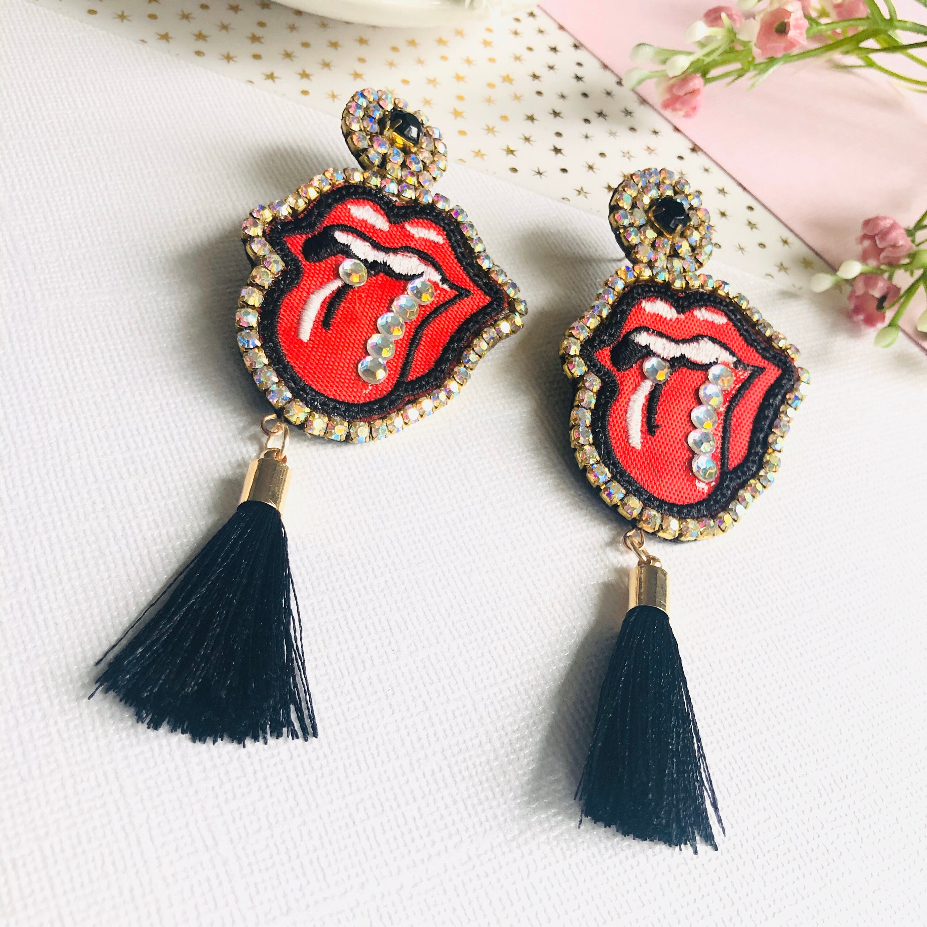 Rolling Stones earrings black tassel earrings Handmade Etsy
