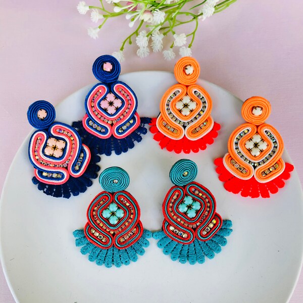 Handmade Soutache earring, soutache jewelry, Statement earrings, edgy earrings, wanderlust jewelry, colorful soutache earrings