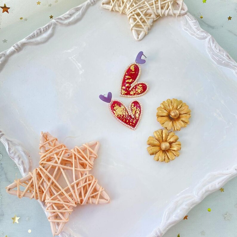 valentine\u2019s day earrings Polymer Clay Heart statement earrings heart shaped earring red heart earrings dangle heart earring