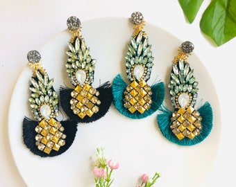 Beaded Pineapple earrings, fruit earrings, black Tassel Earrings, Handmade statement earrings, resort earrings, fruit earrings