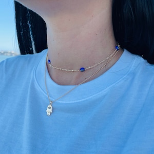Beaded evil eye necklace, gold filled evil eye necklace, hamsa necklace, layered necklace set, blue evil eye necklace, bead eye choker gold