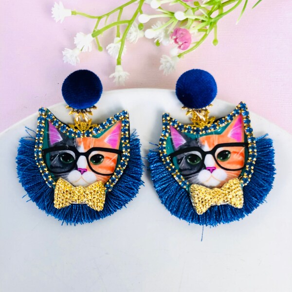 Funny cat earrings, kitten earrings, blue tassel earrings, kitty cat earrings, kawaii earrings, statement earrings, wanderlust jewelry