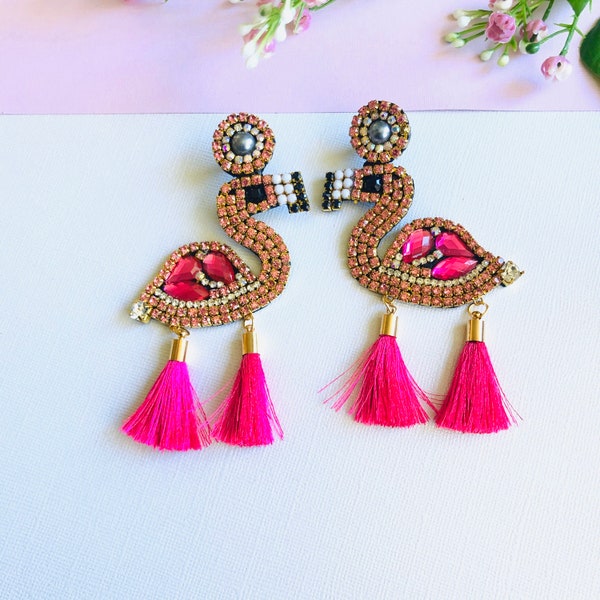 Pink Flamingo Statement Earrings, bird earrings, flamingo earrings, animal earrings, summer earrings, resort earrings, tropical jewelry