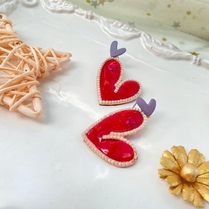 valentine\u2019s day earrings Polymer Clay Heart statement earrings heart shaped earring red heart earrings dangle heart earring