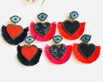 Beaded Evil Eye Heart earrings, evil eye tassel earrings, statement earrings, third eye earrings, protection earrings, turkish earrings