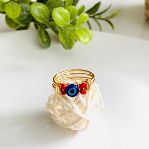Blue Evil Eye Ring, third eye ring, evil eye wire ring, wire wrapped ring, nazar ring, gold stackable ring, silver gold plated ring