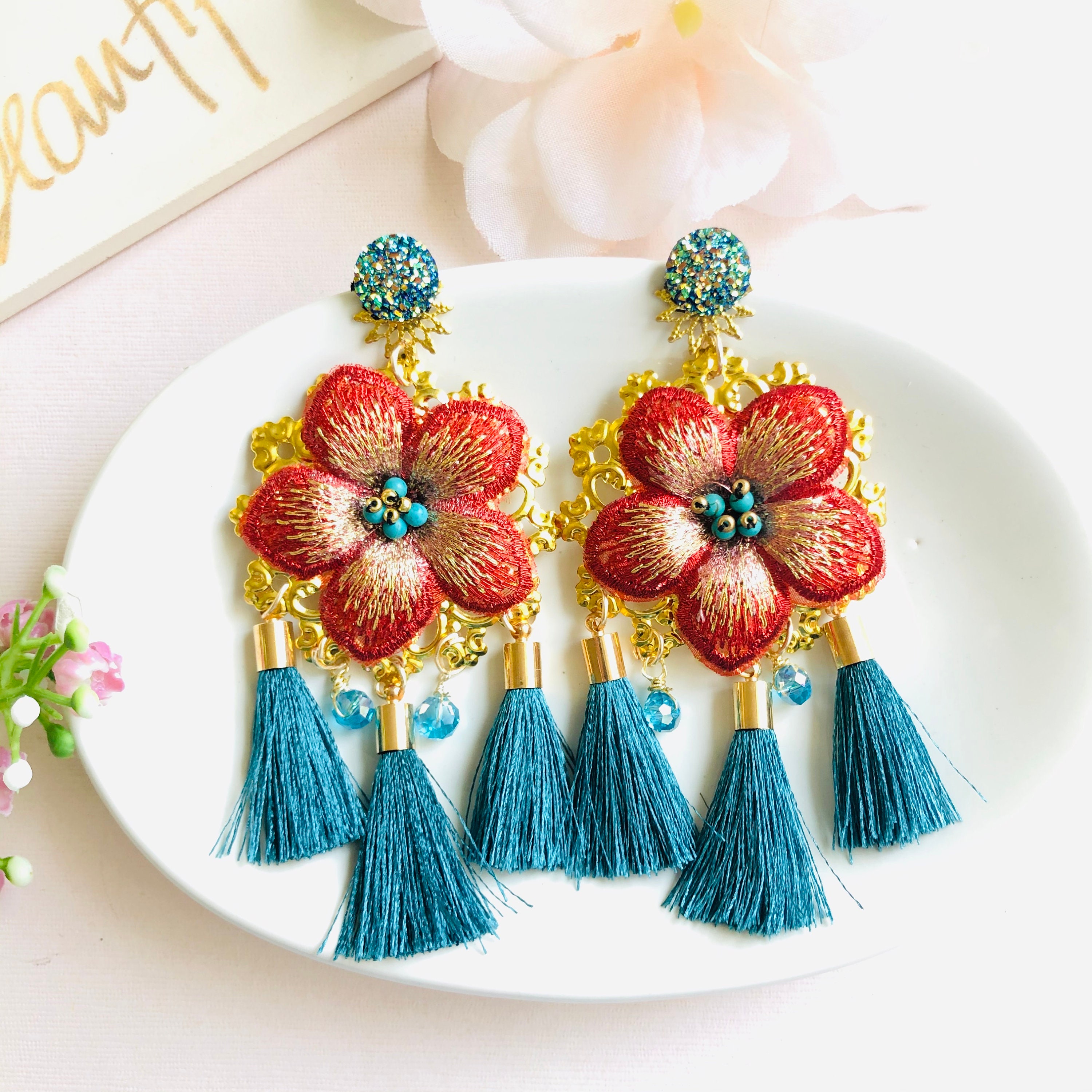 Big Flower Earrings red floral earrings statement earrings Etsy