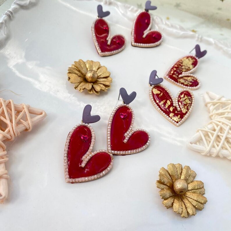 valentine\u2019s day earrings Polymer Clay Heart statement earrings heart shaped earring red heart earrings dangle heart earring