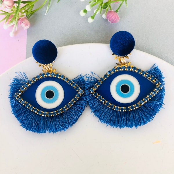 Handmade Evil eye earrings, Statement earrings, Blue tassel earrings, dainty evil eye earrings, stunning earrings, blue evil eye earring