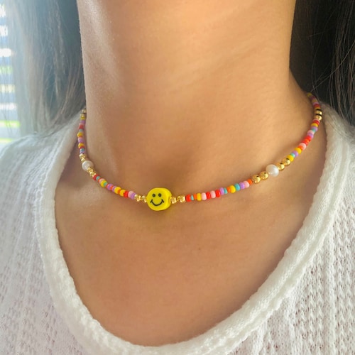 Smiley Face Necklace Happy Face Pearl Choker Rainbow Beaded Etsy