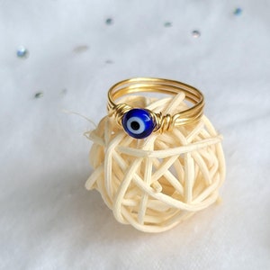 Blue Evil Eye Ring, gold ring evil eye, evil eye wire wrapped ring, silver evil eye ring, protection ring, stackable ring, bead evil eye