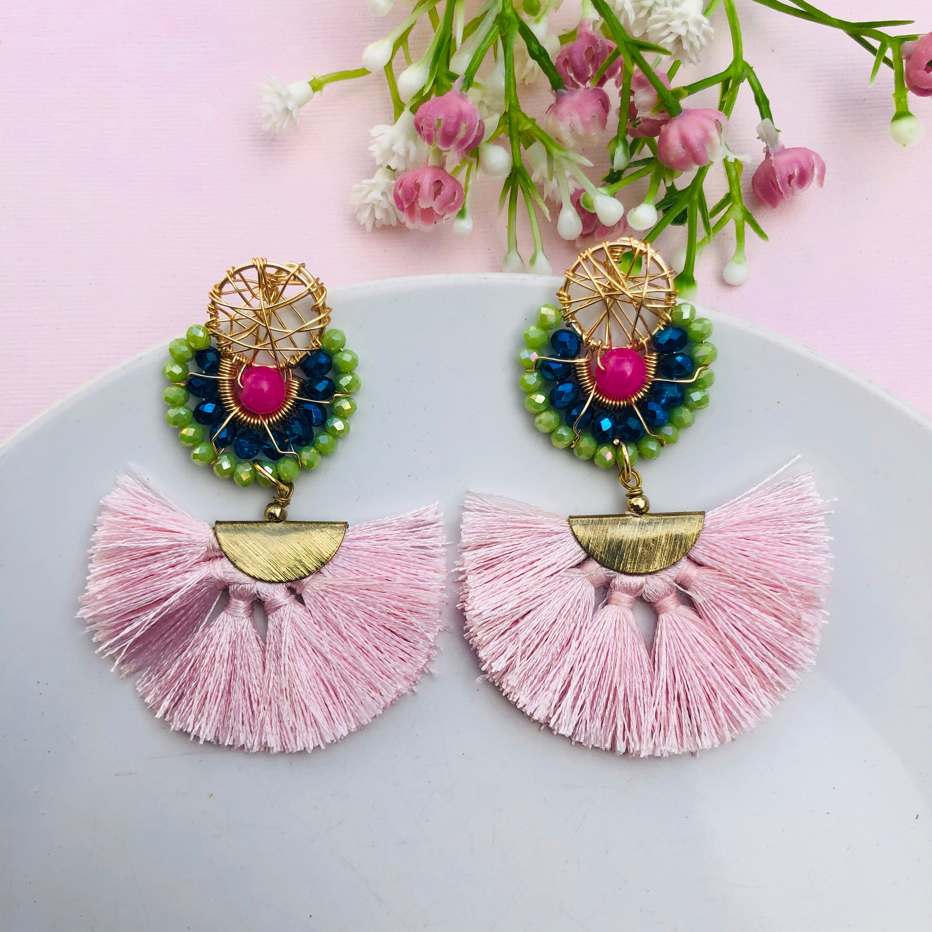 Aesthetic wire wrapped crystal dangle Earrings pink tassel | Etsy