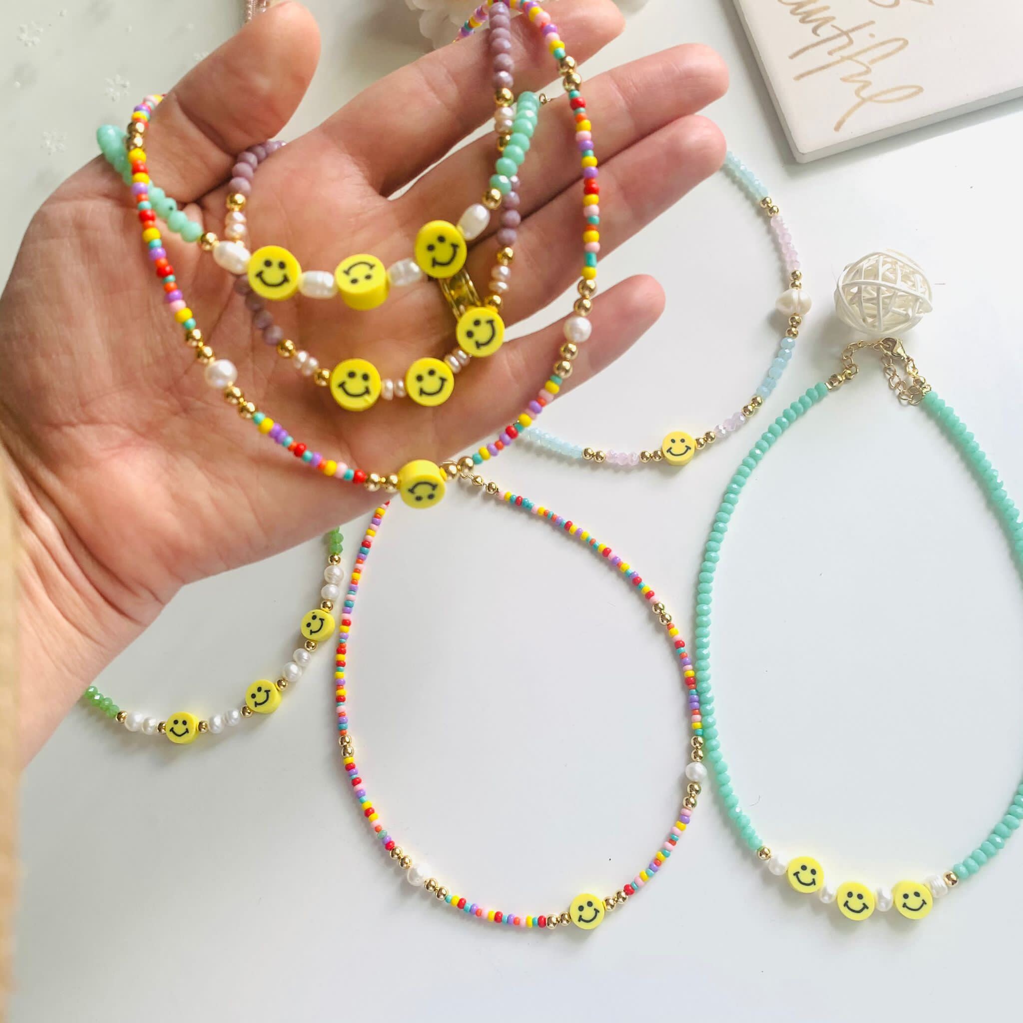 Happy Face Pearl Choker Rainbow Beaded 