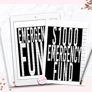 May include: Printable worksheet with black and white striped lines and the text "$1000 Emergency Fund" and "Emergency Fund" in white text.