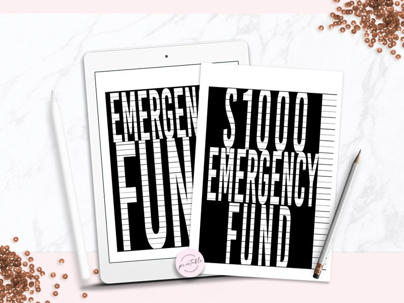 May include: Printable worksheet with black and white striped lines and the text "$1000 Emergency Fund" and "Emergency Fund" in white text.