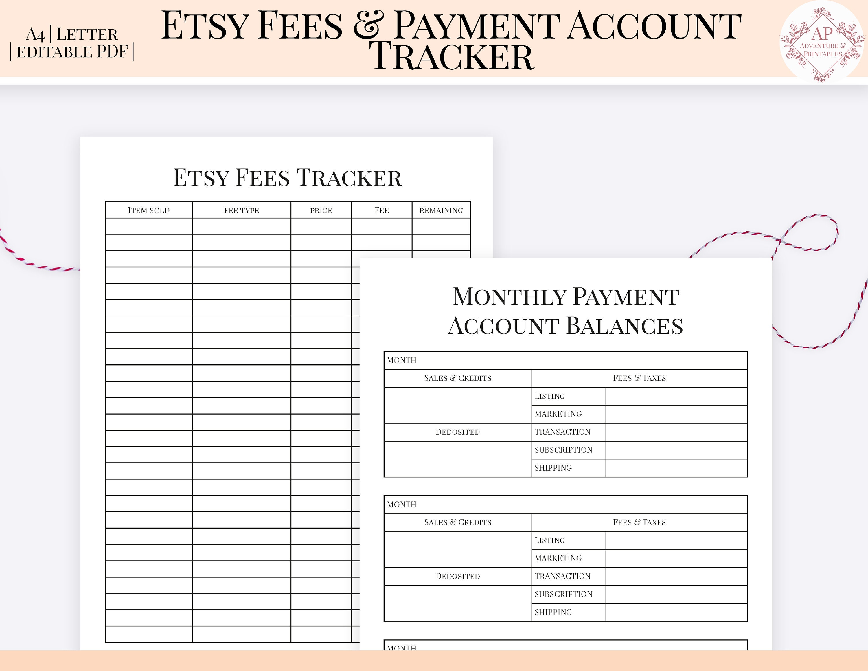 Etsy Fees Tracker and Payment Account Balance Tracker, Editable Etsy