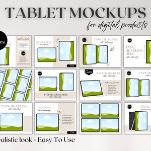 Puede incluir: Plantilla de maqueta de tableta de 15 páginas para productos digitales. Las maquetas presentan un aspecto realista con un fondo de paisaje verde y azul. El texto "TABLET MOCKUPS for digital products" está en la parte superior de la imagen. El texto "15 Pages" está en un círculo en la parte superior izquierda de la imagen. El texto "Realistic look - Easy To Use" está en la parte inferior de la imagen.