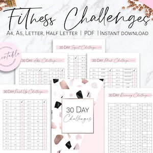 30 Day Fitness Challenge Inserts, Fitness Planner, Fitness Tracker, 30 Day Abs, Squat, Push-up, Plank, Running Challenges
