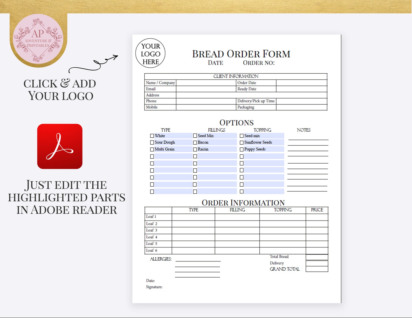 Bread Order Form Editable Bakery Forms Custom Bread Order Etsy Finland
