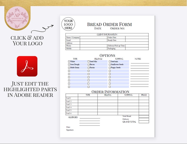Bread Order Form Editable Bakery Forms Custom Bread Order | Etsy
