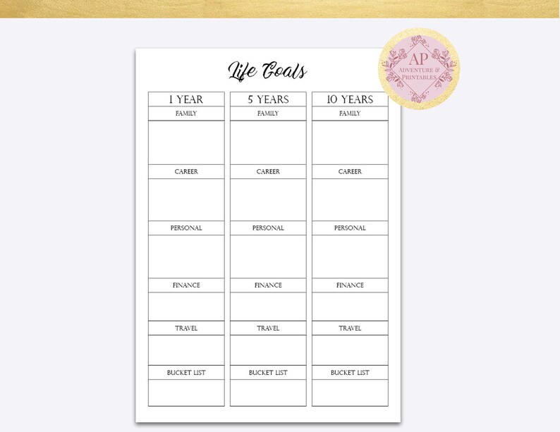 May include: A printable life goals worksheet with sections for family, career, personal, finance, travel, and bucket list goals. The worksheet is divided into three columns for 1 year, 5 years, and 10 years.
