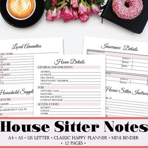 House Sitter Notes and Instructions, Printable House Sitter Notes, House Sitter Instructions