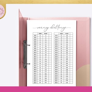 May include: A printable savings challenge tracker with two columns labeled "Savings" and "Balance". The tracker lists weekly savings goals from $1 to $12, with corresponding balances from $1 to $78.