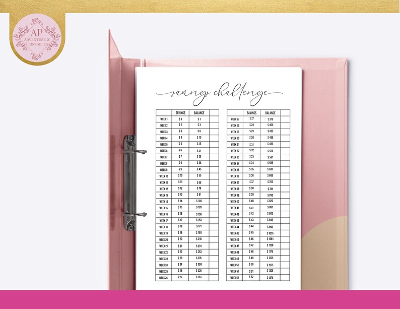 May include: A printable savings challenge tracker with two columns labeled "Savings" and "Balance". The tracker lists weekly savings goals from $1 to $12, with corresponding balances from $1 to $78.