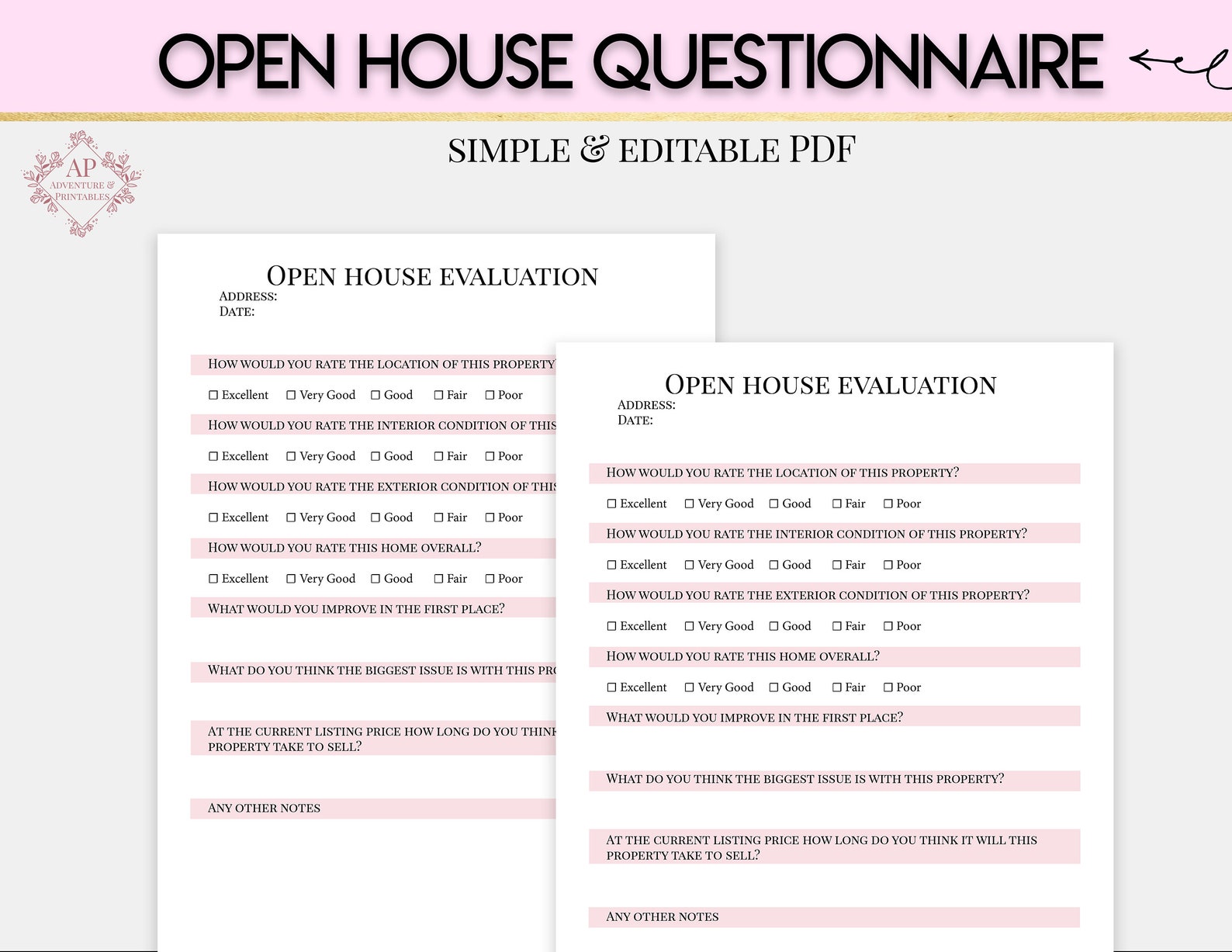 Open House Evaluation Form, Open House Questionnaire, Real Estate Agent Planner Etsy