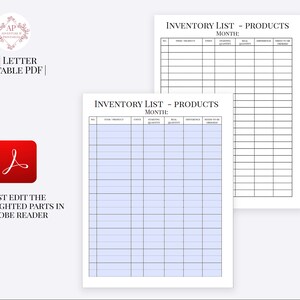 May include: Two printable inventory list templates for products. Each template has columns for item number, product, units, starting quantity, real quantity, difference, and needed to be ordered. The templates are labeled "Inventory List - Products" and have a space to write the month.