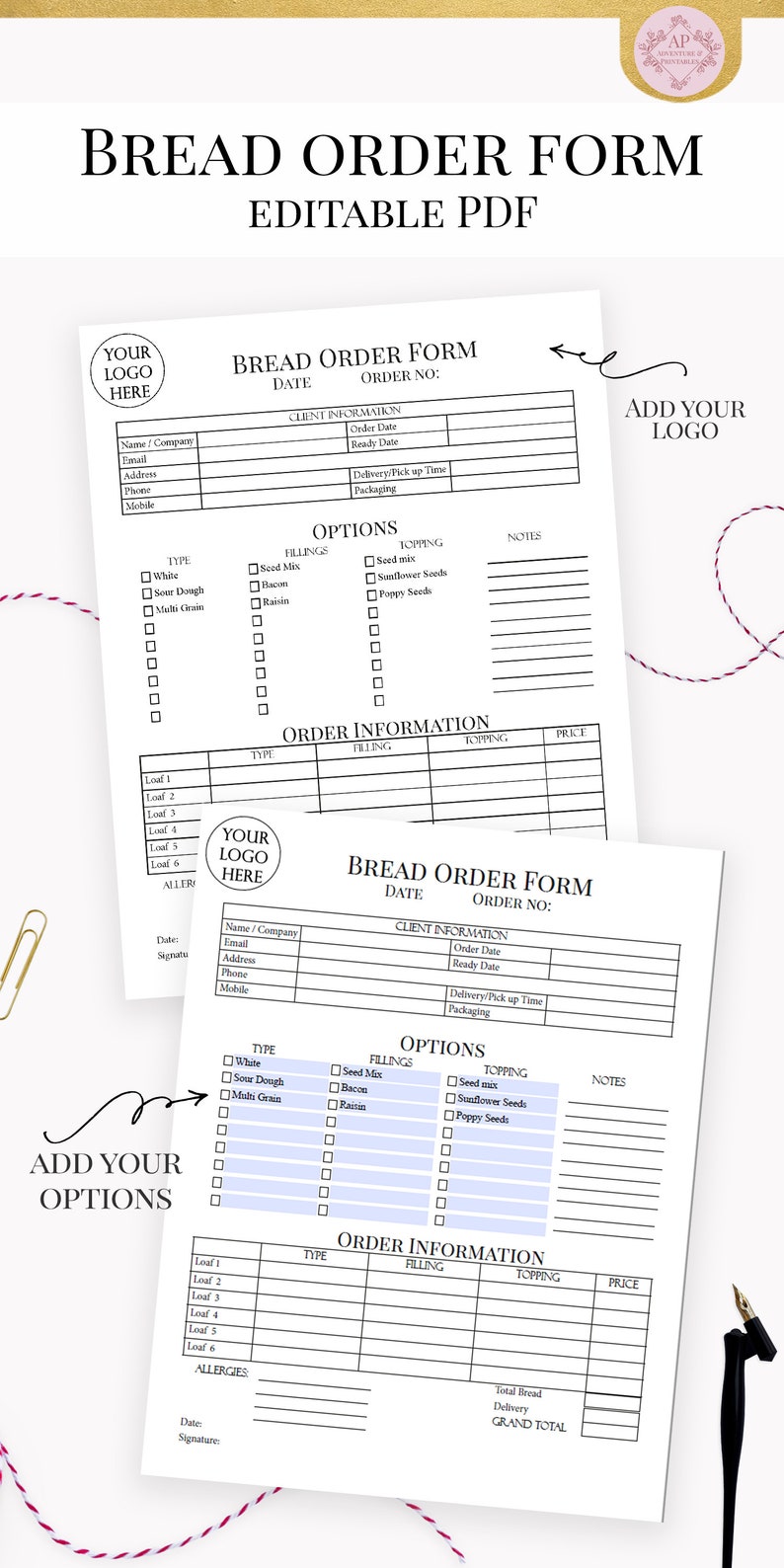 Bread Order Form Editable Bakery Forms Custom Bread Order Etsy