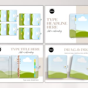 K&ouml;nnte beinhalten: Ein Satz von vier Planer-H&uuml;llen mit einem Design aus blauem Himmel, wei&szlig;en Wolken und gr&uuml;nen H&uuml;geln. Die H&uuml;llen sind f&uuml;r einen 6-Ring-Ordner und haben eine transparente Tasche auf der Vorderseite. Die H&uuml;llen werden ge&ouml;ffnet und geschlossen gezeigt.