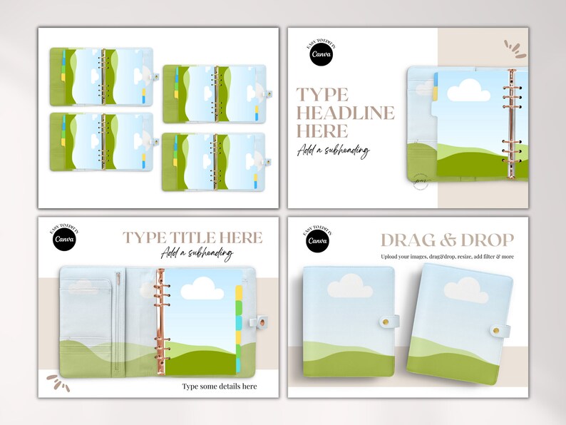 K&ouml;nnte beinhalten: Ein Satz von vier Planer-H&uuml;llen mit einem Design aus blauem Himmel, wei&szlig;en Wolken und gr&uuml;nen H&uuml;geln. Die H&uuml;llen sind f&uuml;r einen 6-Ring-Ordner und haben eine transparente Tasche auf der Vorderseite. Die H&uuml;llen werden ge&ouml;ffnet und geschlossen gezeigt.