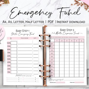 May include: A printable planner page with a pink and white design. The page is titled "Baby Step 1: Starter Emergency Fund" and includes a chart to track savings progress. The page also includes a section for "Potential Income Sources".