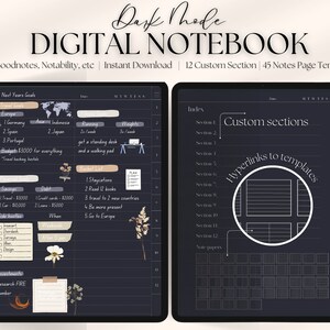 Könnte beinhalten: Eine digitale Notizbuchvorlage für Notiz-Apps wie Goodnotes und Notability. Die Vorlage verfügt über einen dunklen Hintergrund mit weißem Text und einem Rasterlayout. Die linke Seite zeigt einen Abschnitt für "Ziele für das nächste Jahr" mit Kategorien wie "Reiseziele", "Ersparnisse" und "Schulden". Die rechte Seite zeigt einen Abschnitt für "Index" mit "Benutzerdefinierte Abschnitte" und "Hyperlinks zu Vorlagen".