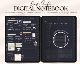 Dark Mode Digital Notebook with 12 Hyperlinked Tabs and 45 Note Templates for iPad GoodNotes Notability iPad Notebook