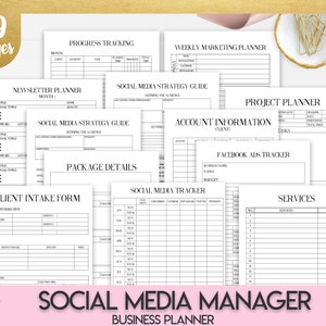May include: A black and white printable social media manager business planner with 39 pages. The planner includes sections for progress tracking, weekly marketing planner, newsletter planner, social media strategy guide, project planner, account information, package details, client intake form, Facebook ads tracker, social media tracker, and services.