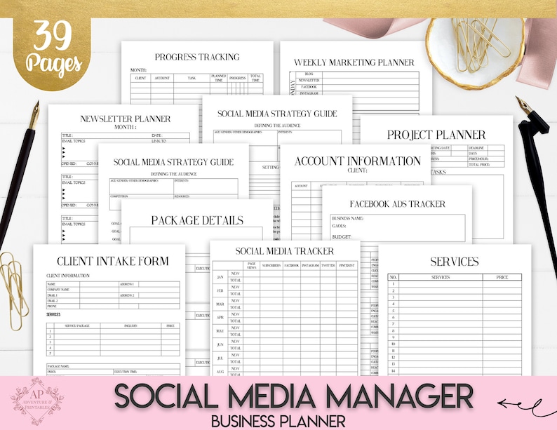 May include: A black and white printable social media manager business planner with 39 pages. The planner includes sections for progress tracking, weekly marketing planner, newsletter planner, social media strategy guide, project planner, account information, package details, client intake form, Facebook ads tracker, social media tracker, and services.