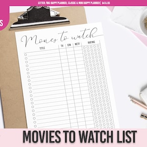 Movies To Watch List Printable Planner, Movies Tracker, Movie Nigh Planner