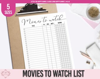 Movies To Watch List Printable Planner, Movies Tracker, Movie Nigh Planner