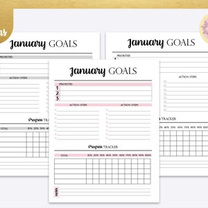 May include: Printable January goal planner with sections for priorities, action steps, and a progress tracker. The planner has a black and white design with pink accents.