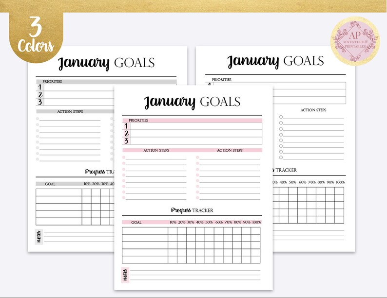May include: Printable January goal planner with sections for priorities, action steps, and a progress tracker. The planner has a black and white design with pink accents.