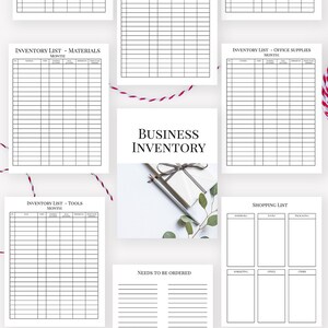 May include: A printable business inventory tracker with 10 pages. The pages include inventory lists for packaging materials, products, promo materials, materials, office supplies, tools, a shopping list, a needs to be ordered list, and a supplier list.