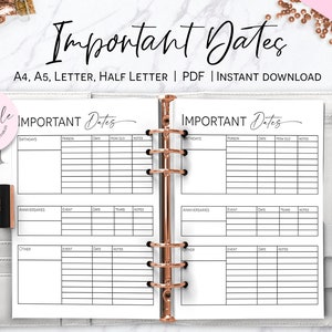 Important Dates Page, Dates to Remember Planner Insert, Happy Planner Printable Insert