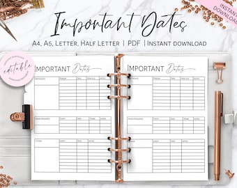 Important Dates Page, Dates to Remember Planner Insert, Happy Planner Printable Insert